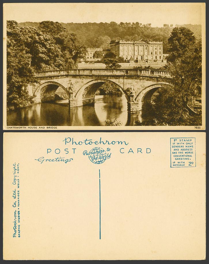 Derbyshire Old Postcard Chatsworth House and Bridge by James Paine - River Scene
