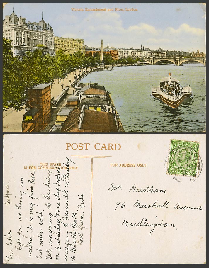 London 1912 Old Postcard Victoria Embankment, River Thames Bridge and Ferry Boat