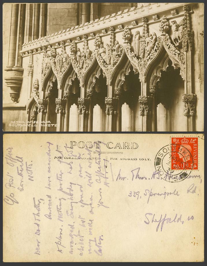 Southwell Minster Cathedral Detail of Sedilia 1939 Old Real Photo Postcard Notts