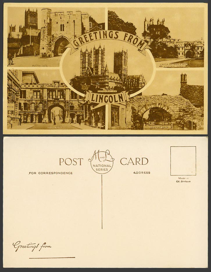 Lincoln Old Postcard Potter Gate Stone Row Street, Newport Arch Castle Cathedral