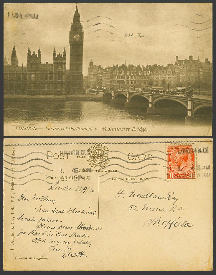 London Houses of Parliament & Westminster Bridge Big Ben River 1920 Old Postcard