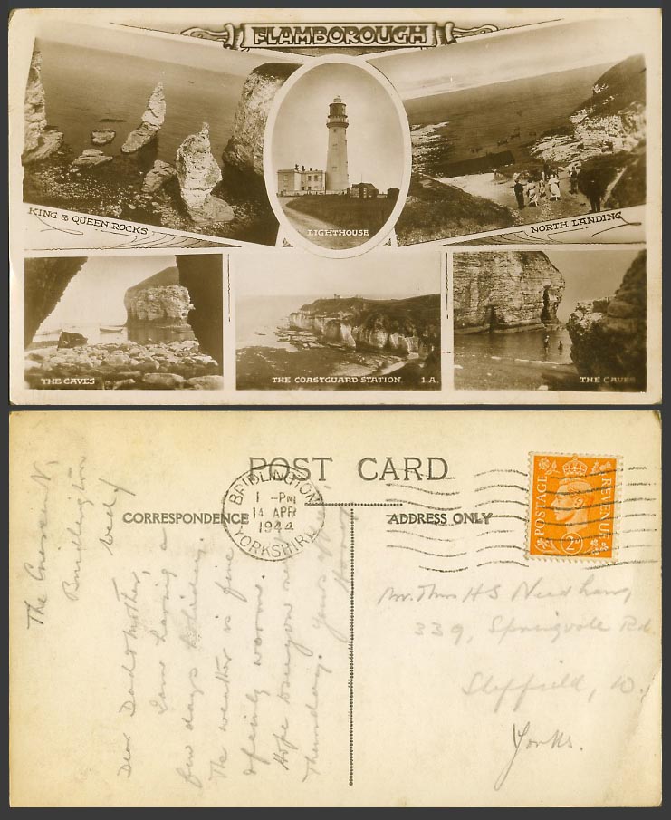 Flamborough 1944 Old Postcard Lighthouse, Coastguard Station Caves North Landing