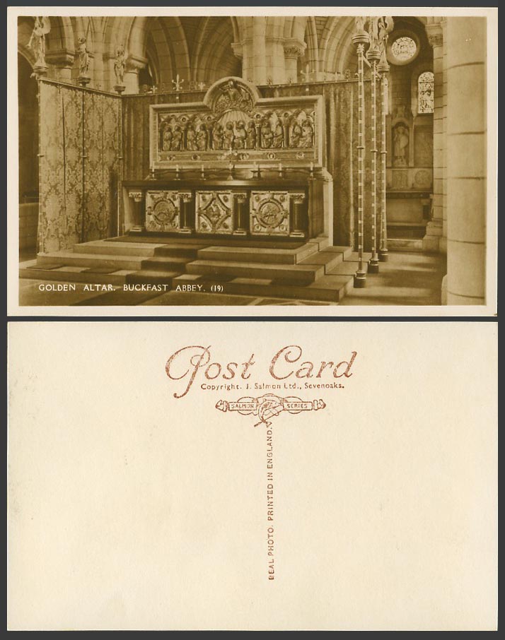 Devon Buckfast Abbey Interior Golden Altar Old Real Photo Postcard J. Salmon 19.