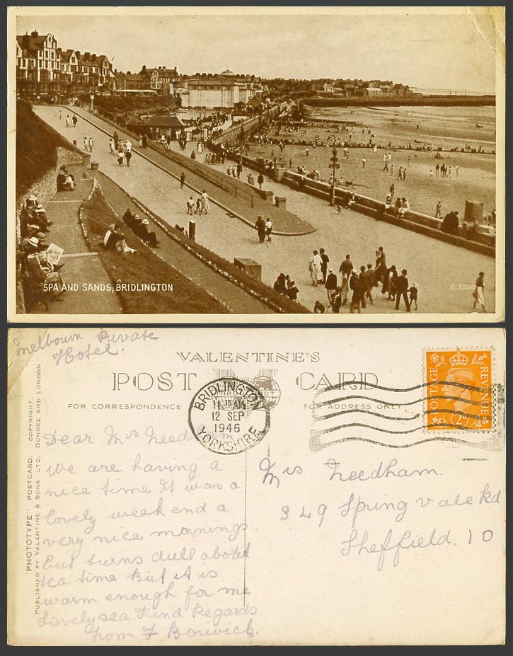 Bridlington, Spa and Sands Beach, Seaside Panorama, Yorkshire 1946 Old Postcard