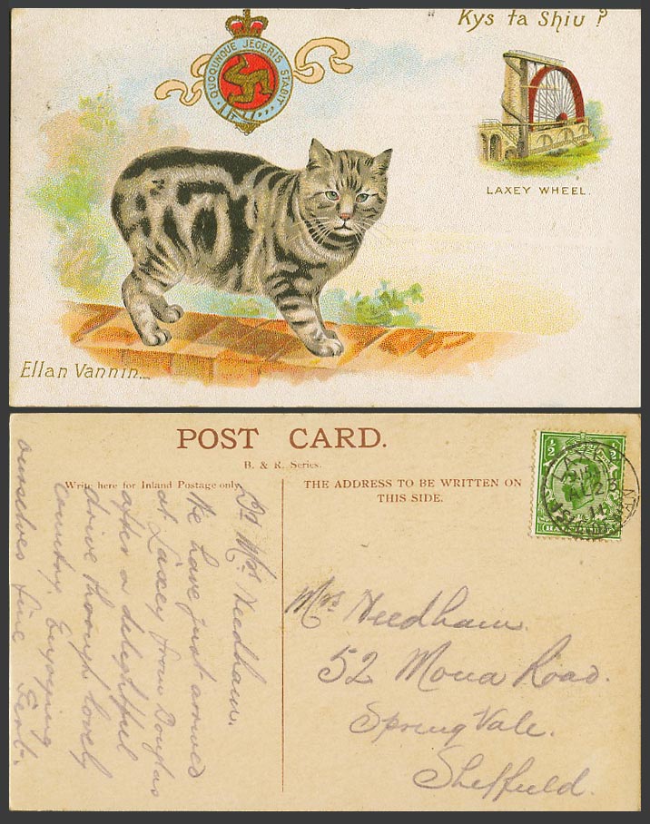 Isle of Man MANX CAT 1911 Old Postcard Laxey Wheel Ellan Vannin Kys ta Shiu Arms