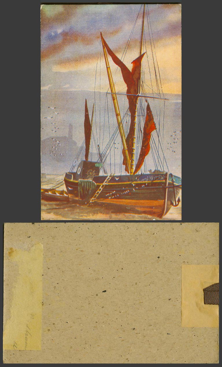 Sailing Vessel Boat, Shipping, Artist Drawn Vintage Old Larger Card, Thick Paper