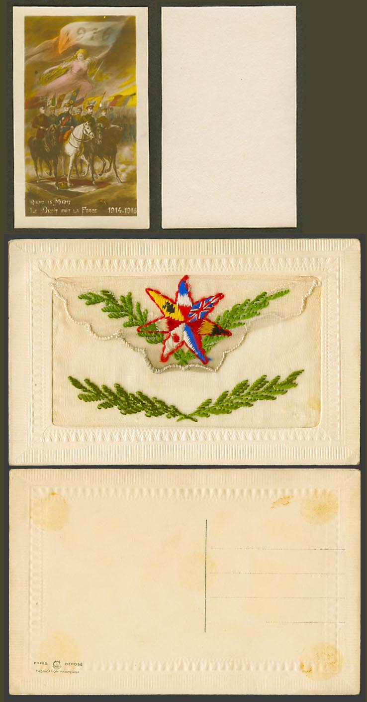 WW1 SILK Embroidered Old Postcard Right is Might, Droit Fait la Force, 1914-1916