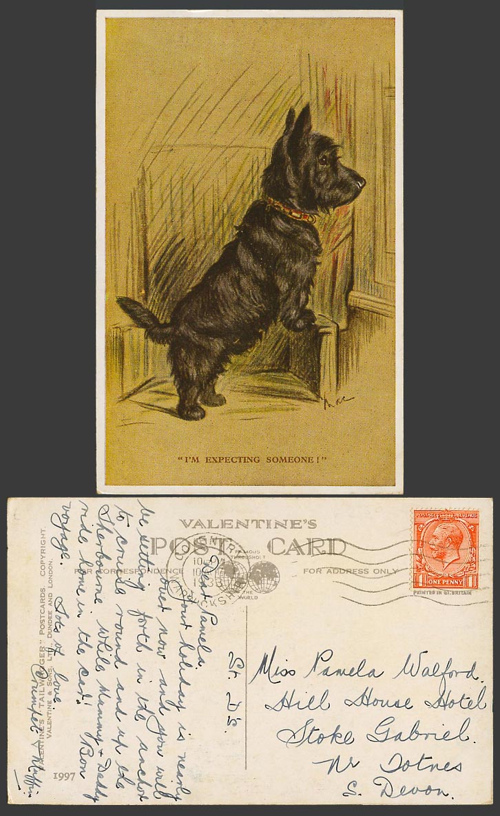 MAC Signed 1933 Old Postcard Scottie Dog Scottish Terrier I'm Expecting Someone!