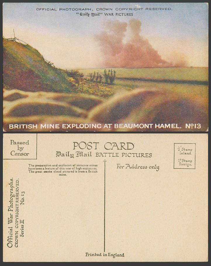 WW1 Old Postcard BRITISH MINE EXPLODING at BEAUMONT HAMEL Mines Explosion No. 13