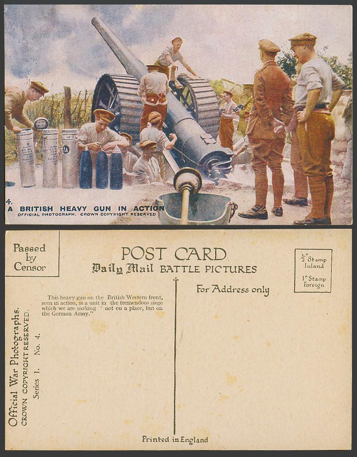 WW1 Daily Mail Old Colour Postcard A British Heavy Gun in Action Soldiers, Front