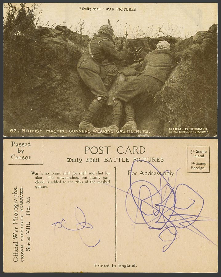 WW1 Daily Mail Old Postcard MACHINE GUNNERS wearing GAS MASKS HELMETS, Soldiers