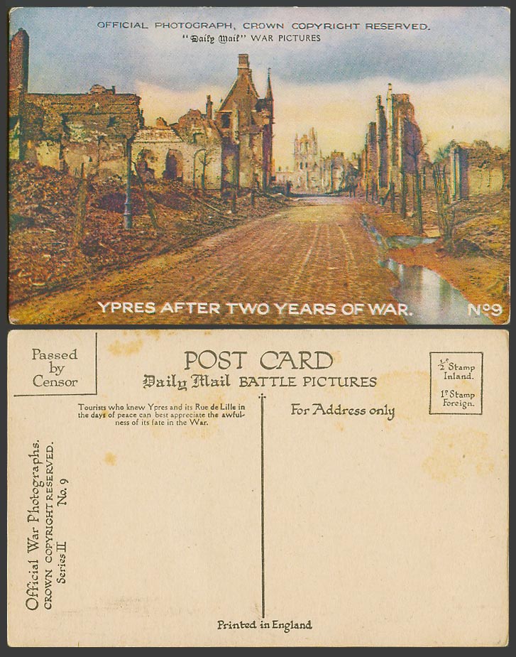 WW1 Daily Mail Old Postcard YPRES after 2 Years of War Rue de Lille Street Ruins
