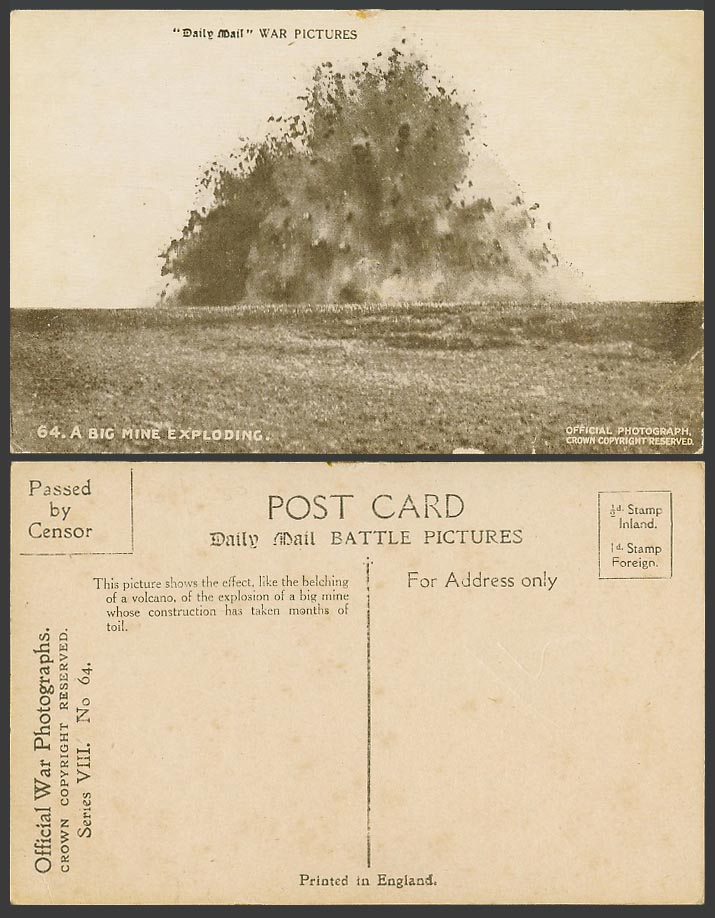 WW1 Daily Mail War Pictures Official Old Postcard A Big Mine Exploding VIII N.64