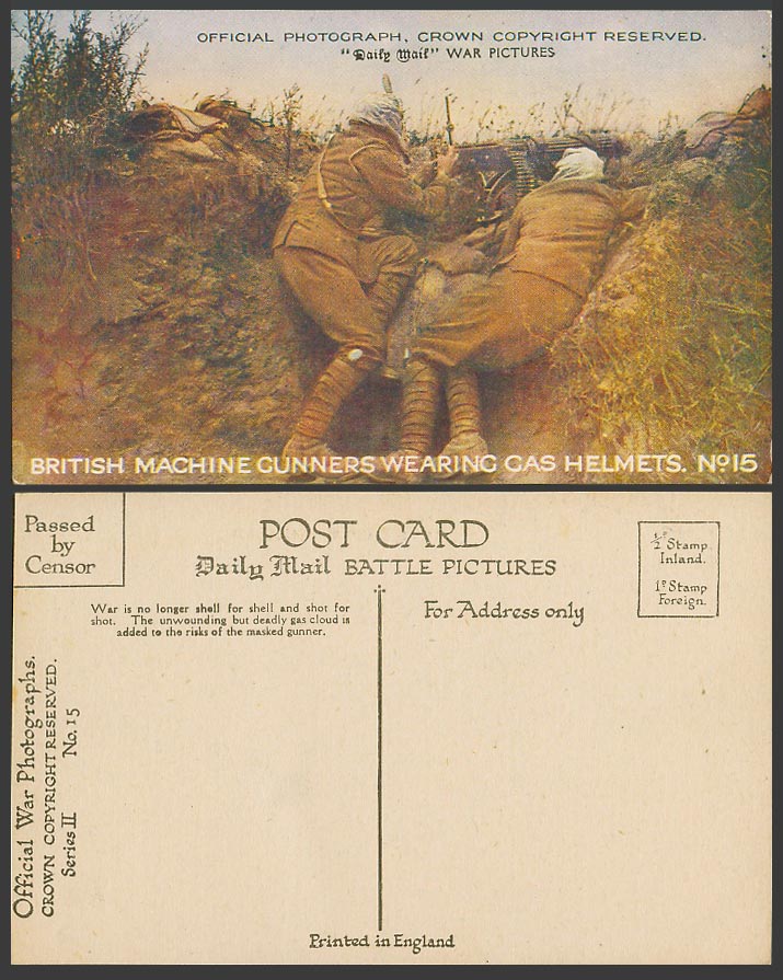 WW1 Daily Mail Old Postcard British Machine Gunners wear Gas Helmets Gas Mask 15