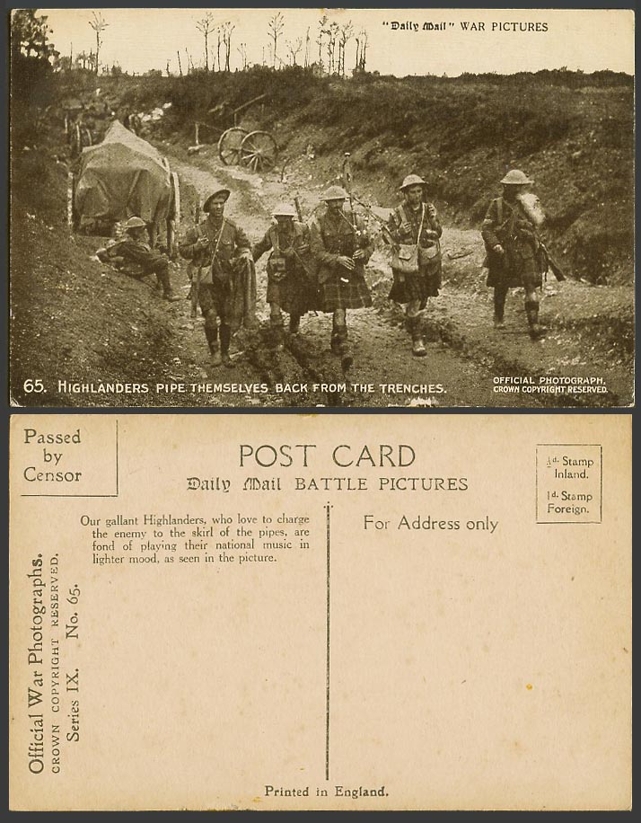 WW1 Daily Mail Old Postcard Highlanders Pipe Themselves Back from Trenches IX 65