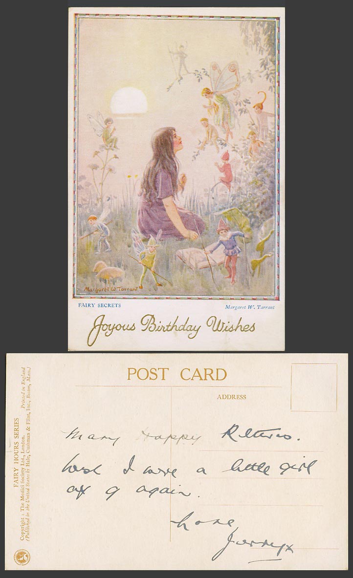 Margaret W. Tarrant Old Postcard FAIRY SECRETS Hours Girl Joyous Birthday Wishes