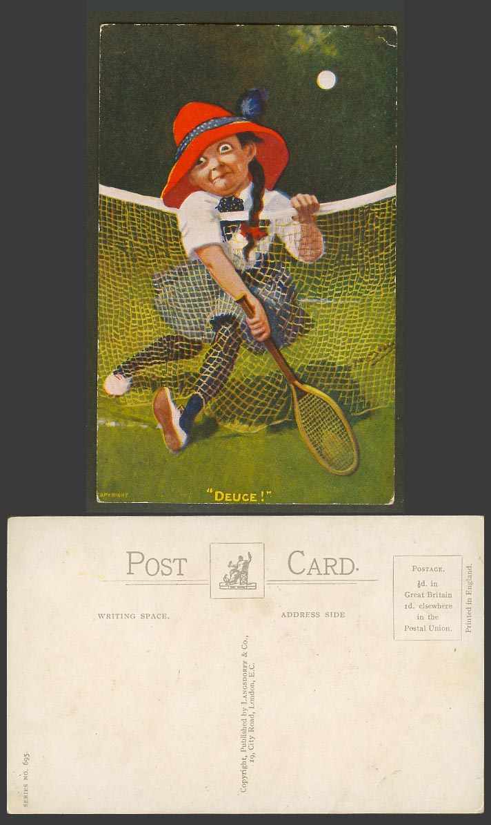 Tennis Deuce Little Girl Tennis Player Racket Full Moon Night Comic Old Postcard