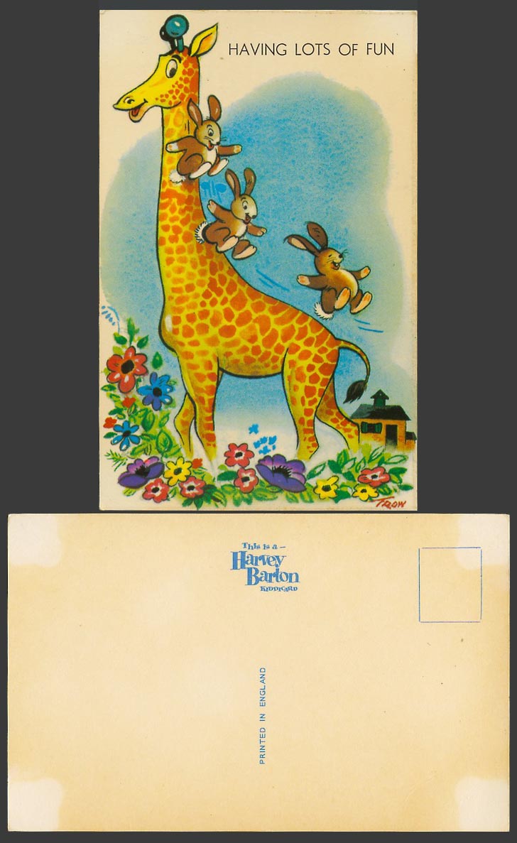 Trow Artist Signed Old Postcard Rabbits Giraffe Slide Having Lots of Fun Flowers