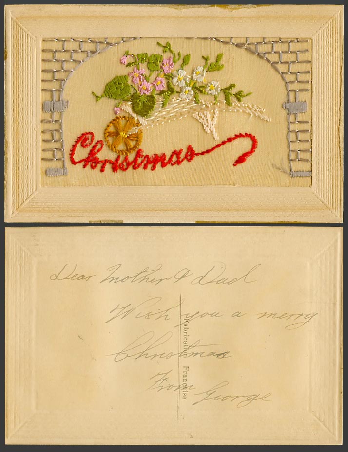 WW1 SILK Embroidered French Old Postcard Christmas Greetings Flower Cart Flowers