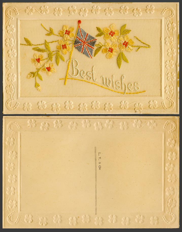 WW1 SILK Embroidered Old Postcard Best Wishes British Flag Flowers Greetings LVc