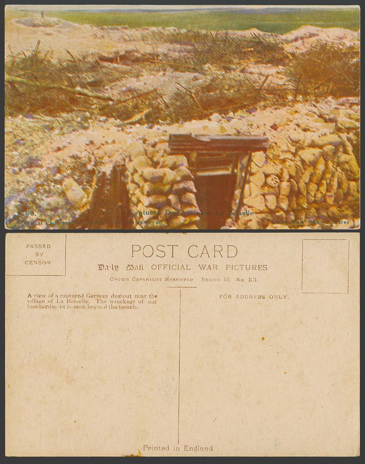 WW1 Daily Mail Old Postcard A Captured German Dug-Out Trench La Boiselle Village