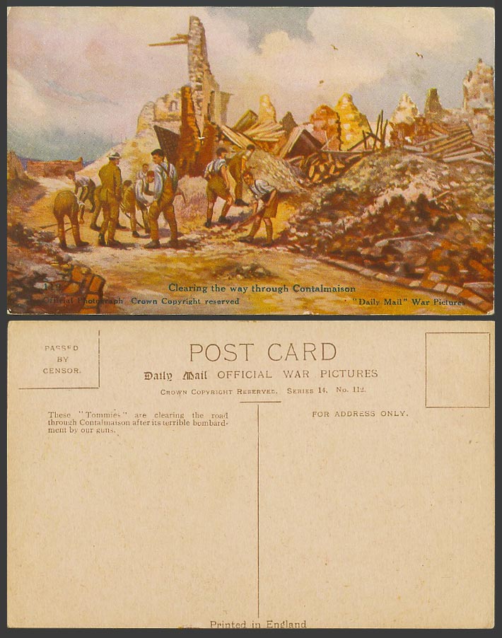 WW1 Daily Mail Old Postcard Tommies Cleaning Way through Contalmaison, Soldiers
