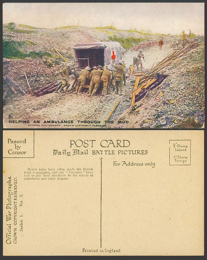 WW1 Daily Mail Old Postcard Soldiers Helping a Ambulance Through Mud Red Cross 5