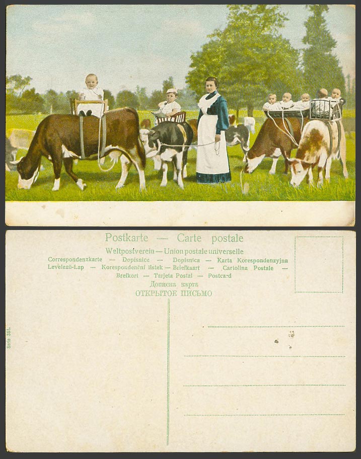 Children Little Babies Baby riding Cow Cattle, Woman Old Colour Postcard No. 351