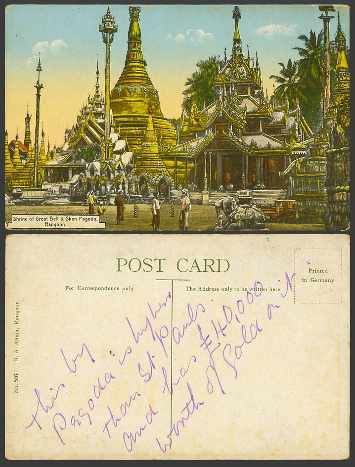 Burma Old Postcard Great Bell Shrine, Shan Pagoda Temple Rangoon Elephant Statue
