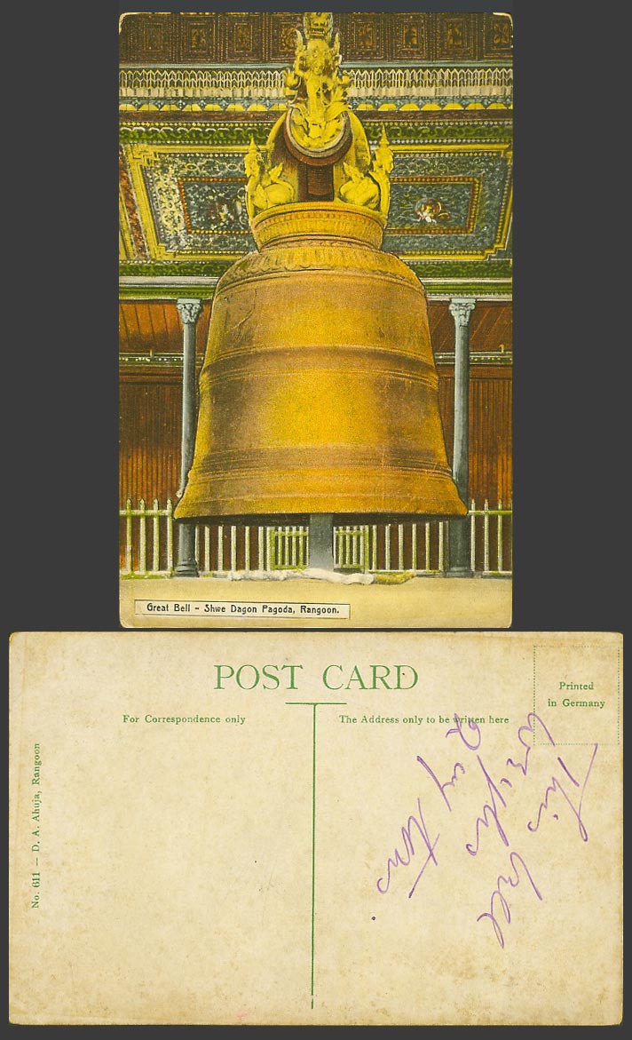 Burma Old Postcard GREAT BELL Shwe Dagon Pagoda Rangoon, Burmese Temple Interior