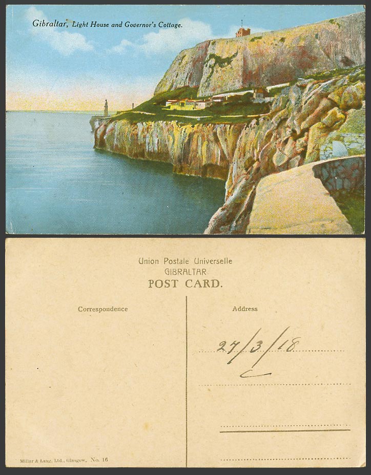 Gibraltar 1918 Old Postcard EUROPA POINT South Slope Governor Cottage Lighthouse