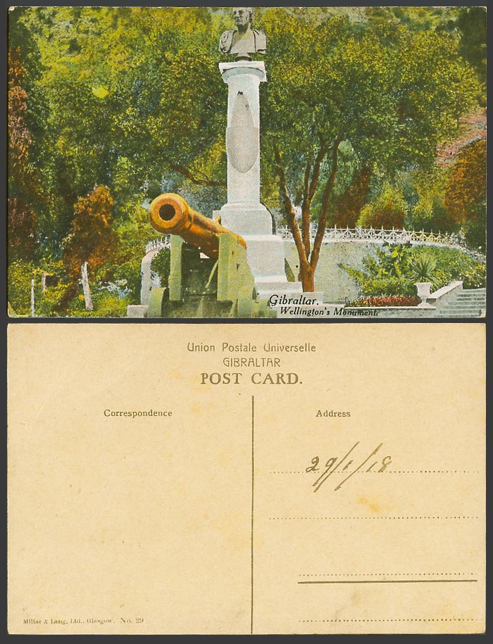 Gibraltar 1918 Old Colour Postcard Duke Wellington's Monument, Memorial, Cannon