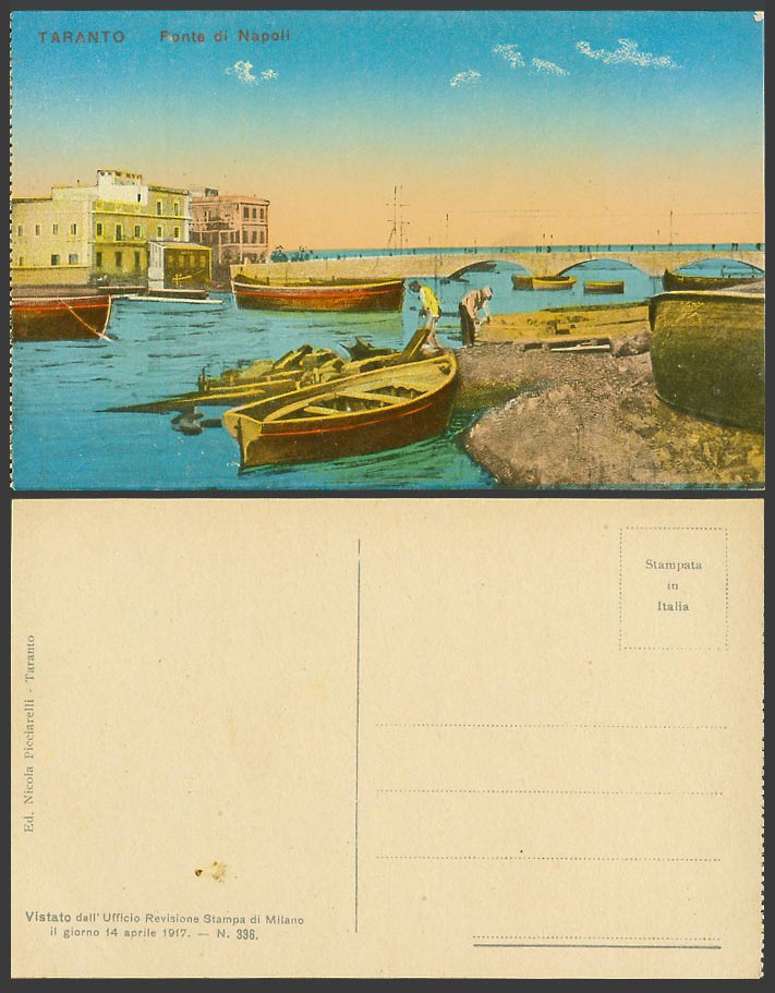 Italy Taranto Old Colour Postcard BRIDGE Ponte di Napoli, Men and Boats Panorama