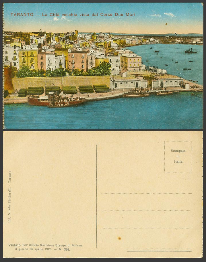 Italy Taranto Old Postcard La Citta vecchia vista dal Corso Due Mari Ships Boats