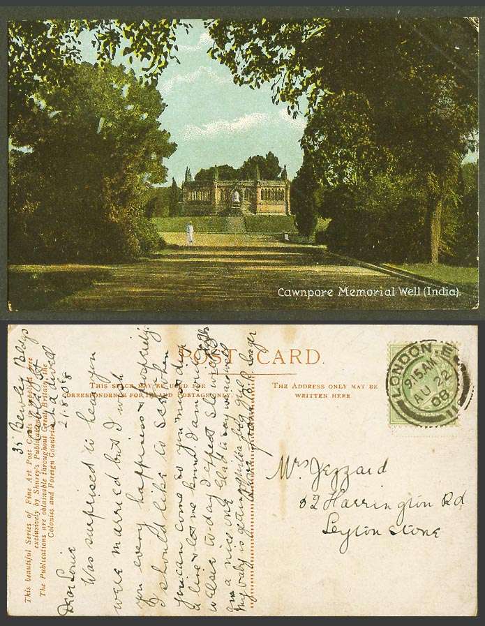 India 1/2d. 1908 Old Colour Postcard Memorial Well CAWNPORE Kanpur Uttar Pradesh