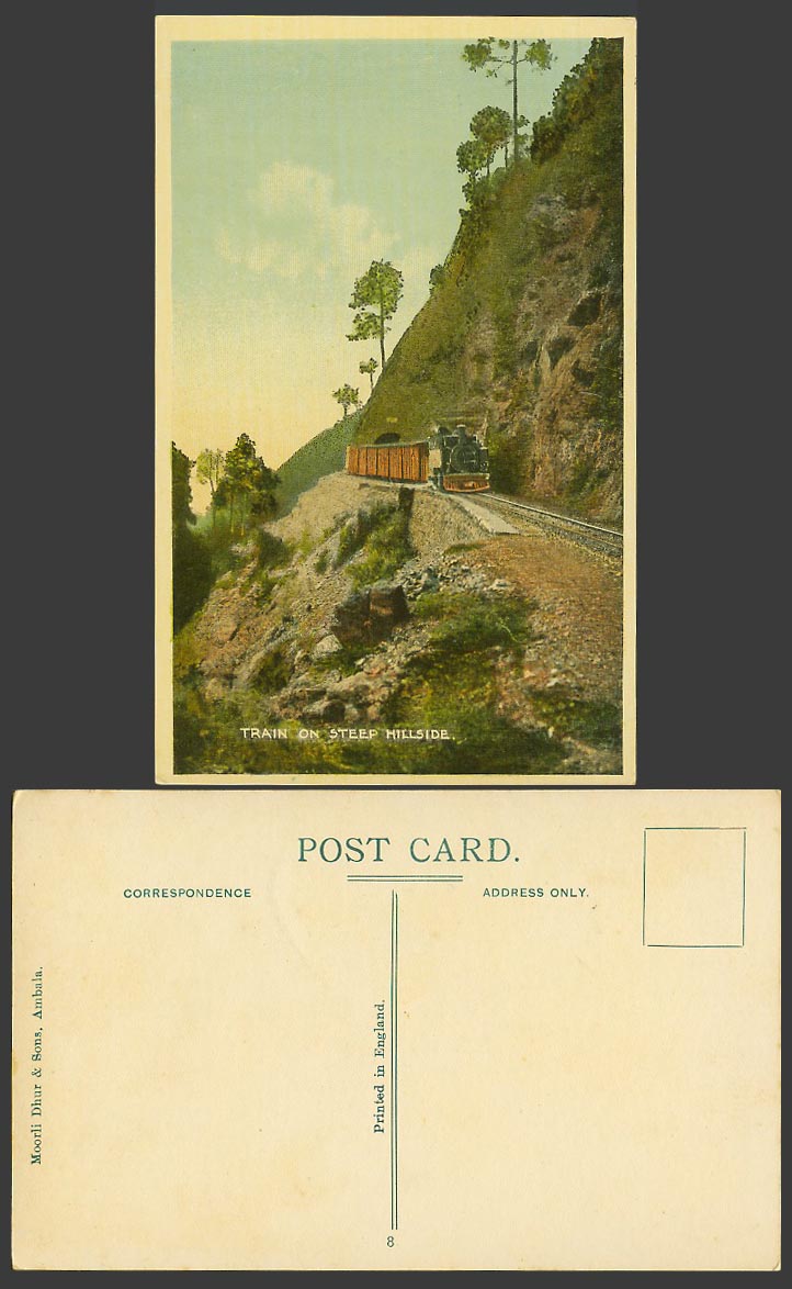 India Old Colour Postcard A Locomotive Train on Steep Hillside, Mountain Railway