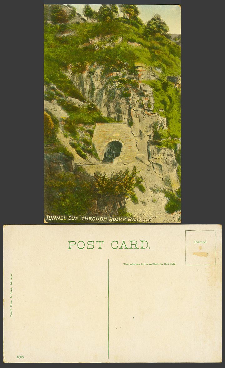 India Old Color Postcard Tunnel Cut Through Rocky Hillside Locomotive Train Rail