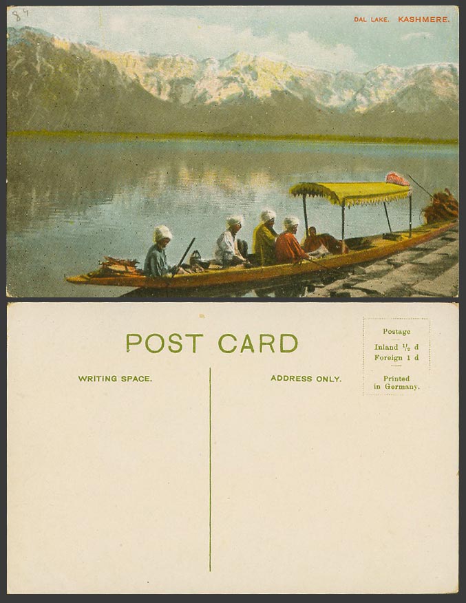 India Old Colour Postcard DAL LAKE Kashmere, Native Boat Boating, Snowy Mountain