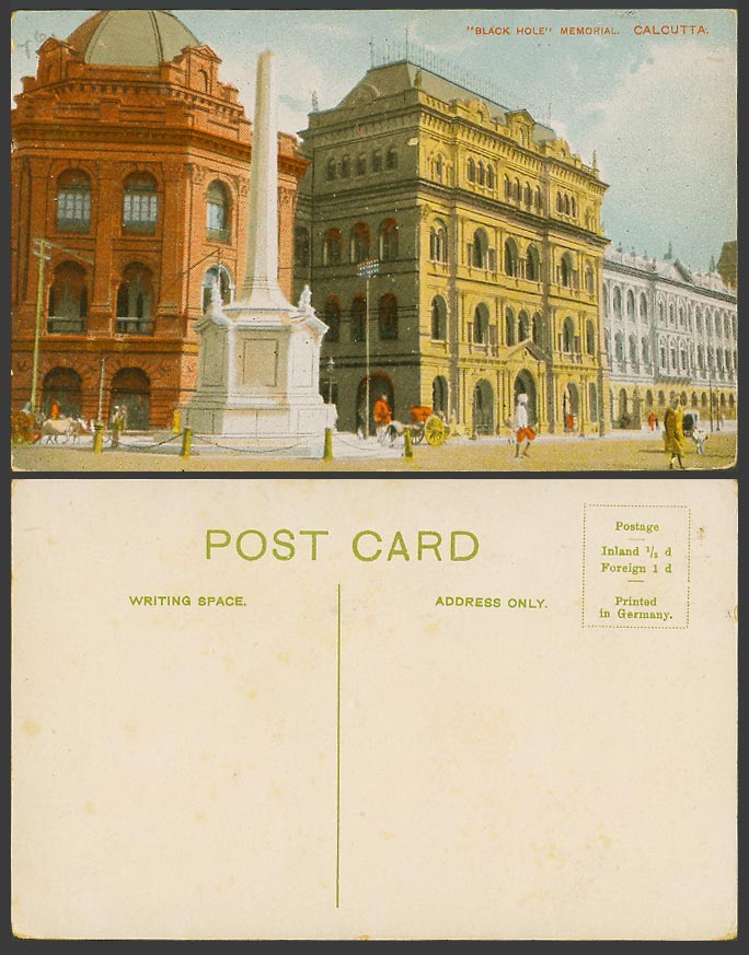 India Old Colour Postcard BLACK HOLE MEMORIAL Calcutta Monument Street Scene Men