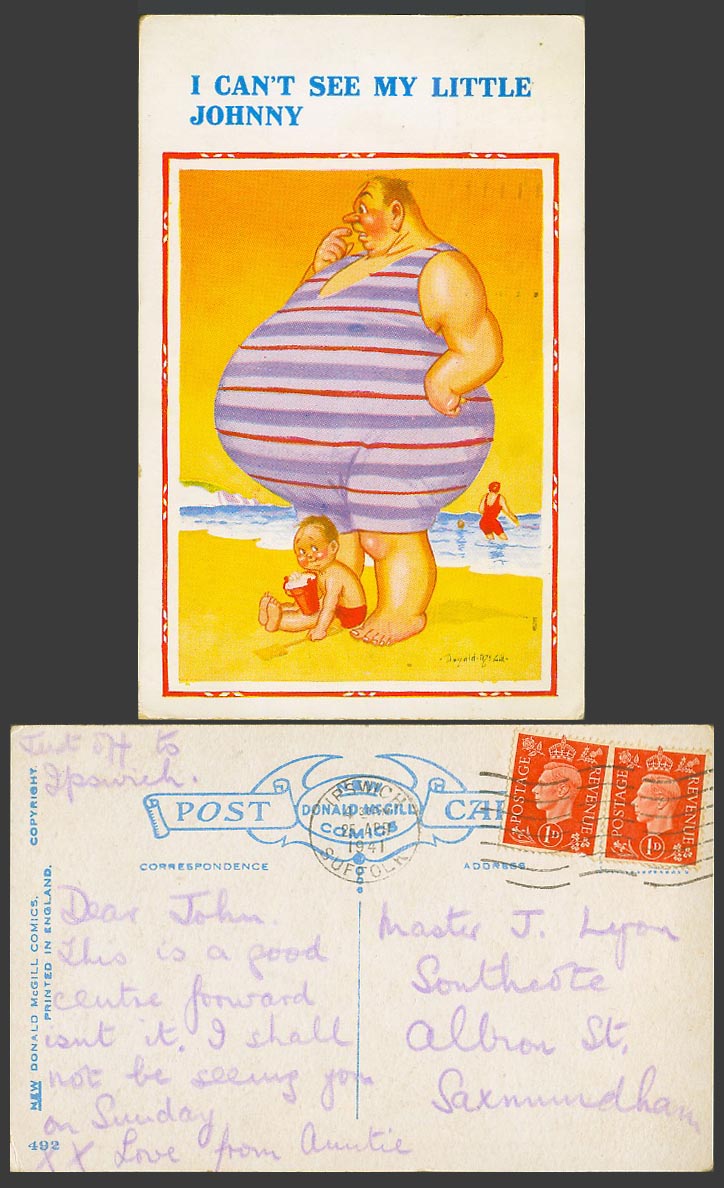 Donald McGill 1941 Old Postcard Can't See My Little Johnny Fat Man Big Belly 492