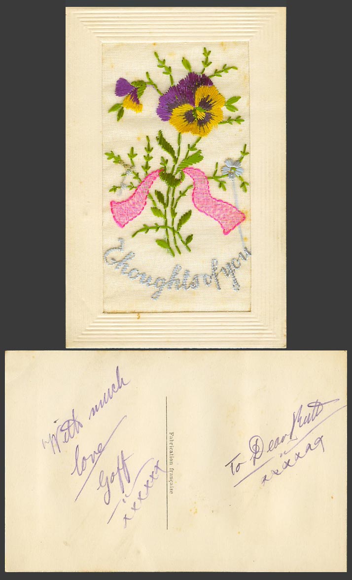 WW1 SILK Embroidered Old Postcard Thoughts of You, Pansy Flower Flowers, Novelty