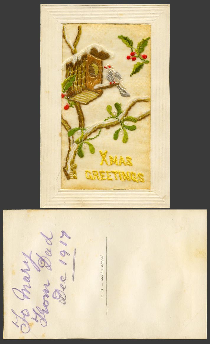 WW1 SILK Embroidered 1917 Old Postcard Xmas Greetings Snowy Birdhouse Bird House