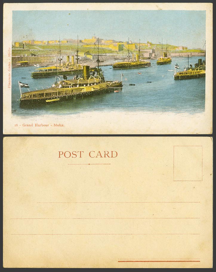 Malta Old Colour U.B. Postcard Grand Harbour Steamers Steam Ships Warships Flags