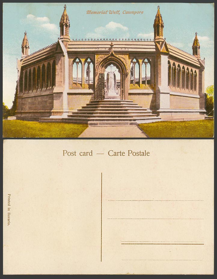India Old Colour Postcard Memorial Well CAWNPORE Steps Entrance and Angel Statue