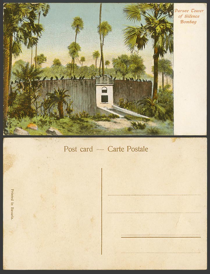 India Old Colour Postcard Bombay Parsi Parsee Tower of Silence Trees Birds Walls