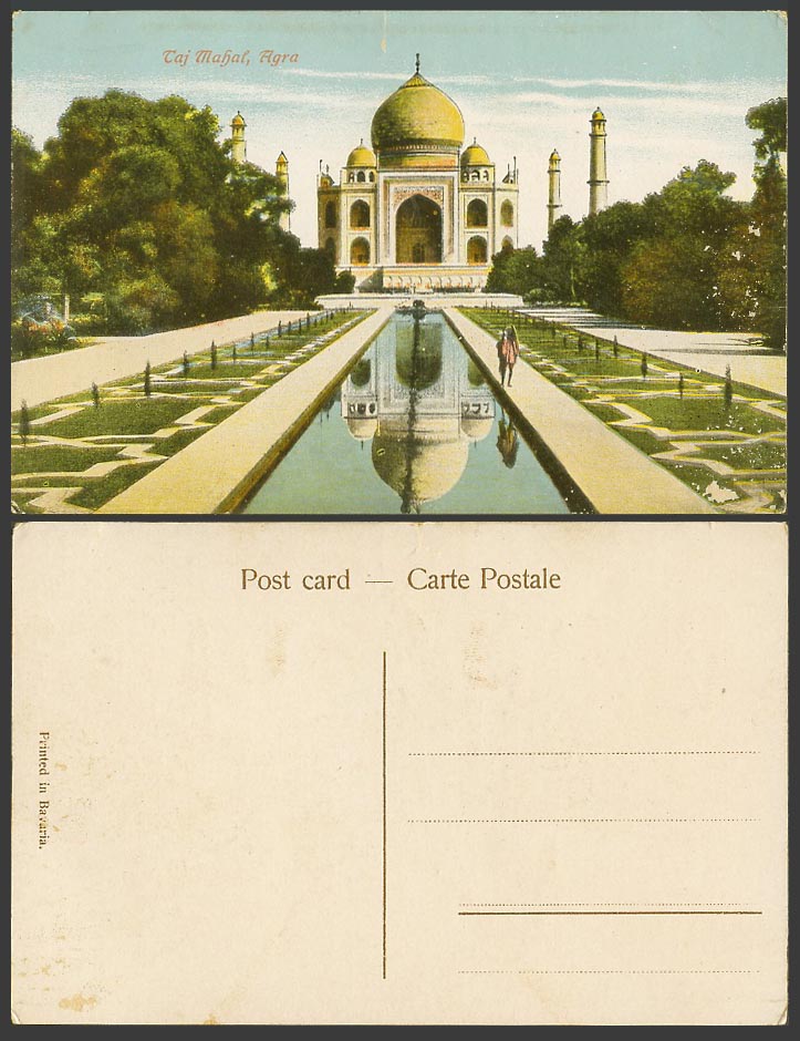 India Old Colour Postcard Taj Mahal Agra Gardens Towers Man standing by Fountain