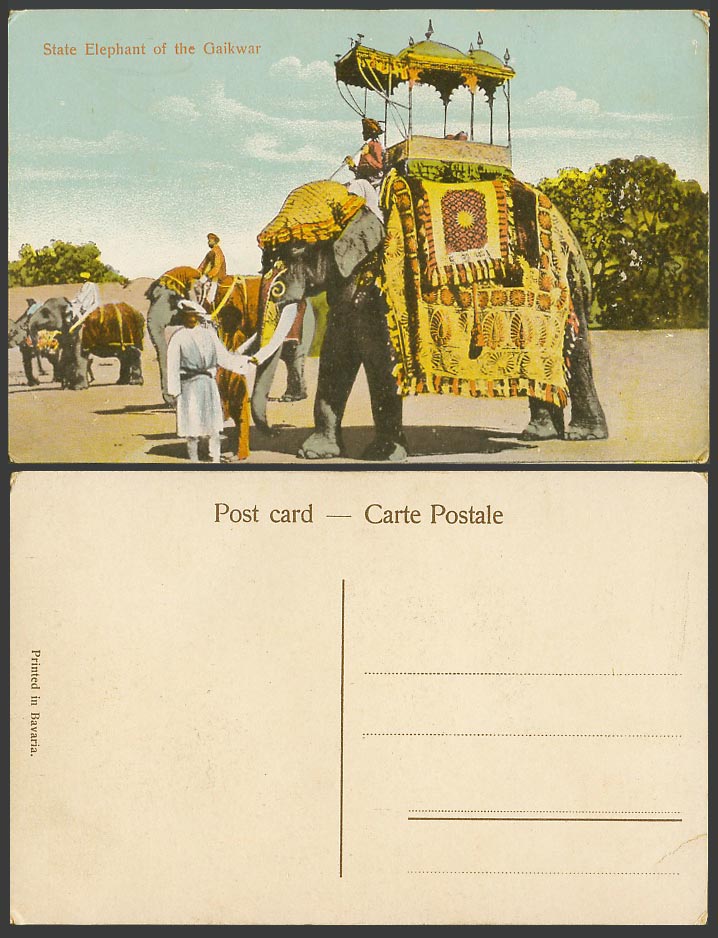 India Old Colour Postcard State Elephant of GAIKWAR, Chair Elephants Ethnic Life