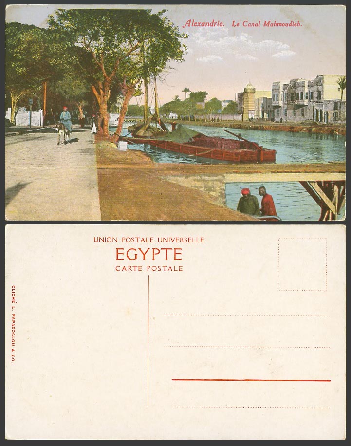 Egypt Old Colour Postcard Alexandrie Alexandria, Canal Mahmoudieh, Donkey, Boats