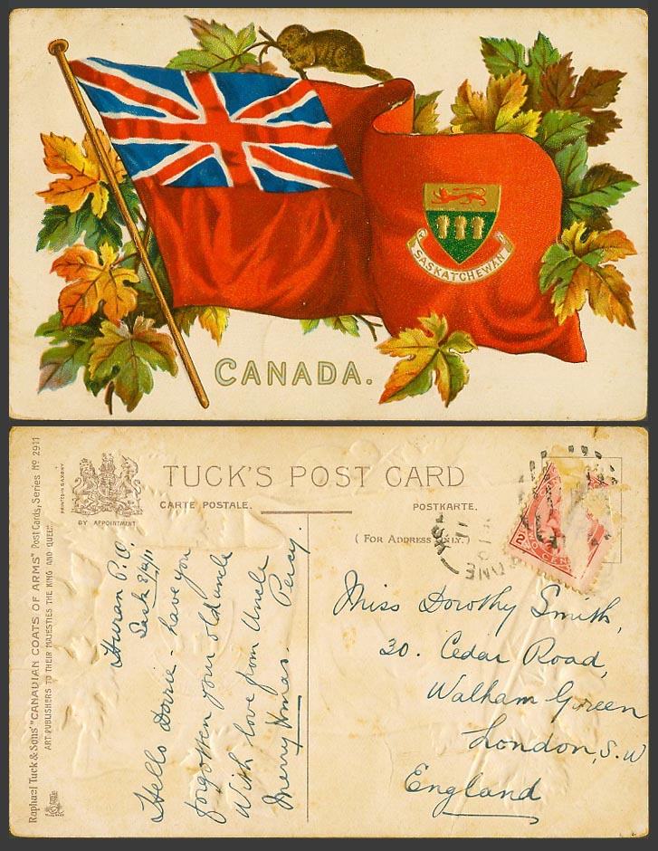 Canada Tuck's Canadian Coat of Arms Old Postcard Flag Maples Beaver Saskatch.
