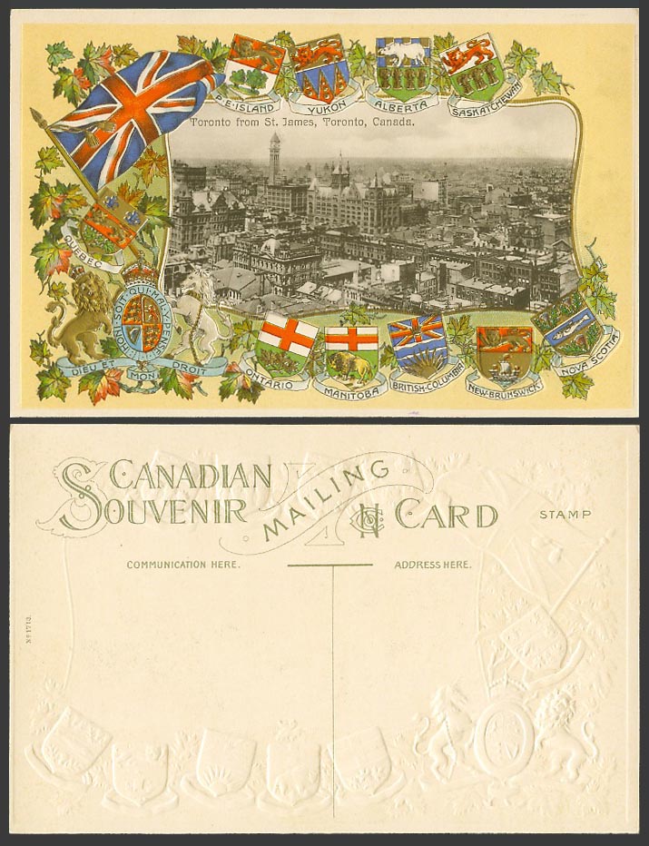 Canada Old Postcard Toronto from St. James British Flag Coat of Arms Clock Tower